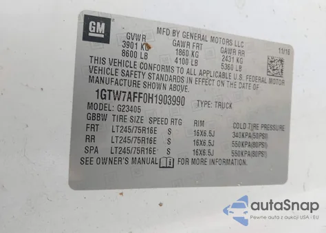 2017 GMC Savana 2500 Work Van z USA, uszkodzony, nr VIN 1GTW7AFF0H1903990